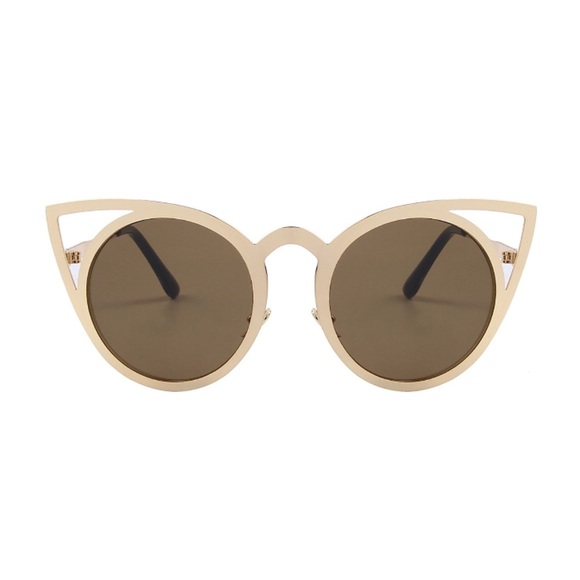 Gold Frame Round Cat Eye Cut Out Sunglasses Brown - Picture 3 of 4